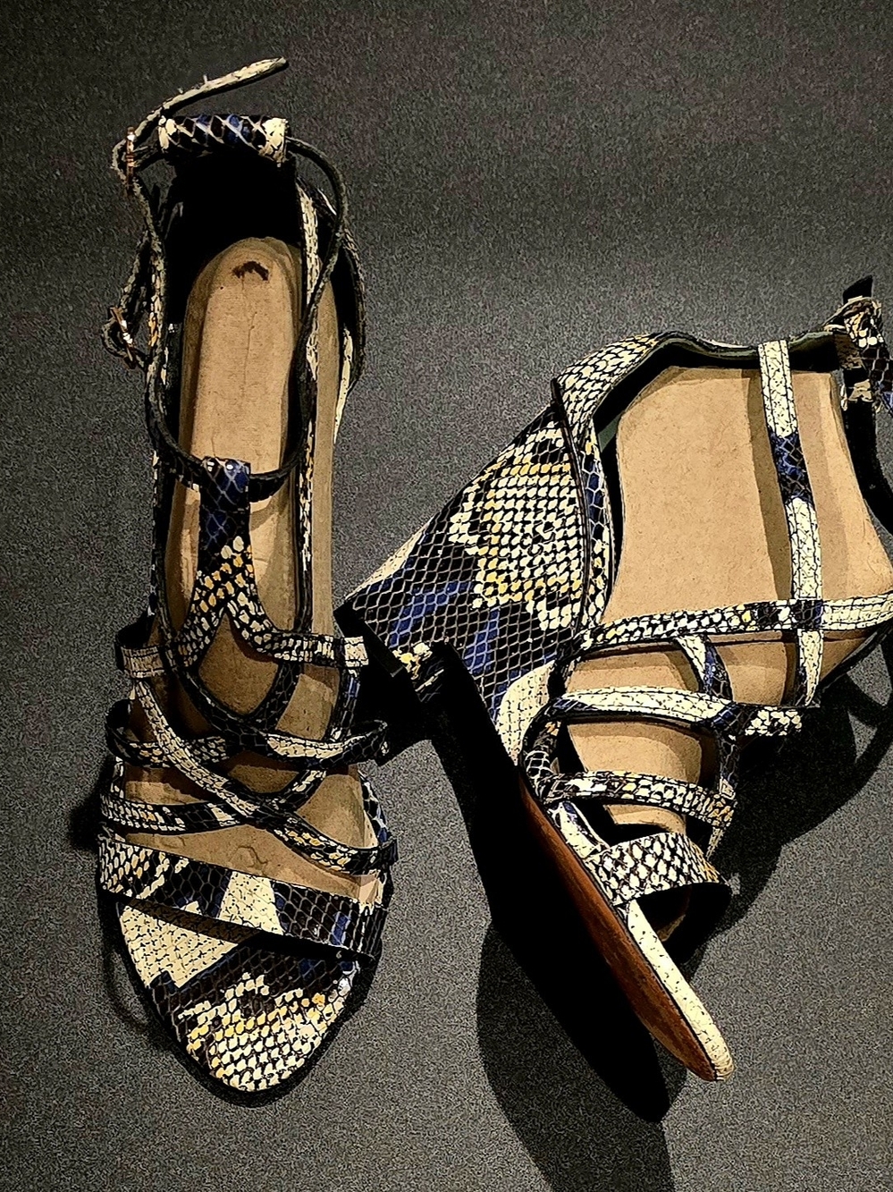 Strappy Snakeskin-Print Heeled Sandals in Black & Cream
